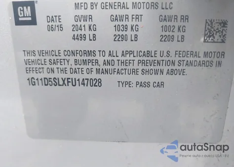 2015 Chevrolet Malibu 2Lt z USA, uszkodzony, nr VIN 1G11D5SLXFU147028